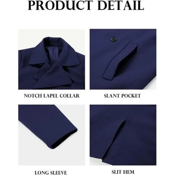 Men's Double Breasted Trench Coat Casual Lapel Collar Winter Long Overcoat